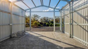 Inside of a shed frame on a concrete slab