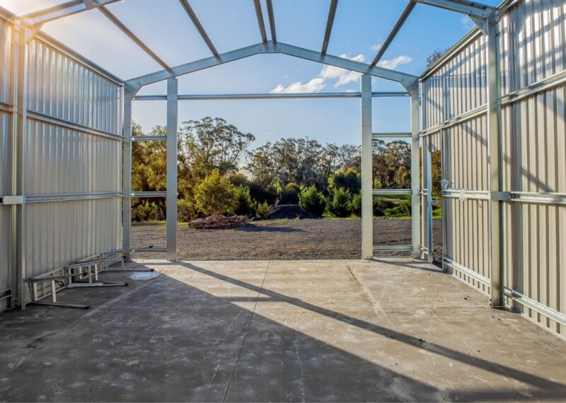 Inside of a shed frame on a concrete slab